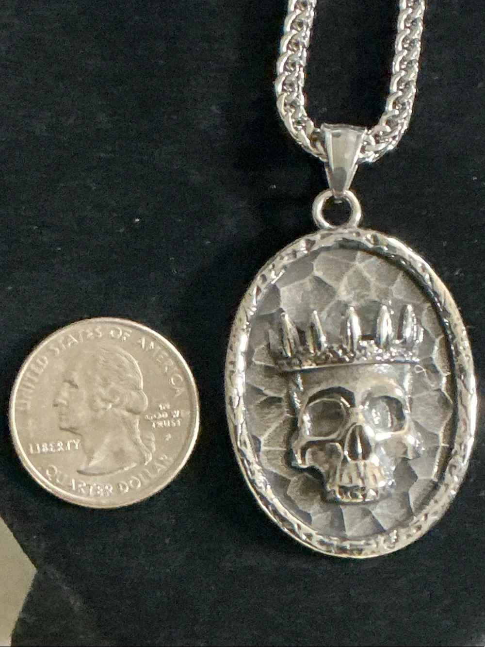 24” Stainless Steel  Crowned Skull Pendant with Franco Chain